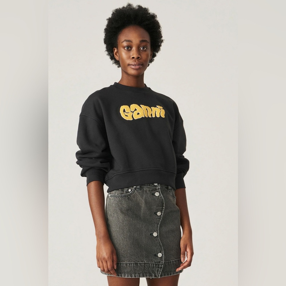 Ganni Classic Isoli Logo Crewneck Sweatshirt Black Size Small - Picture 7 of 10